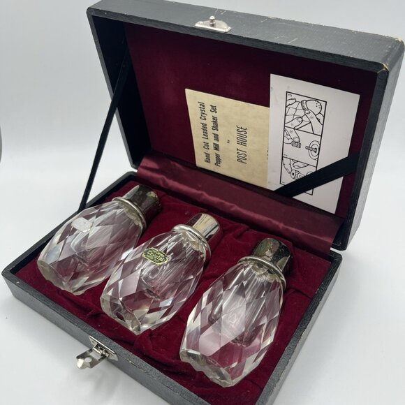 Vintage Post House Hand Cut Lead Crystal Salt Pepper Shaker & Pepper Set Japan - Picture 3 of 16